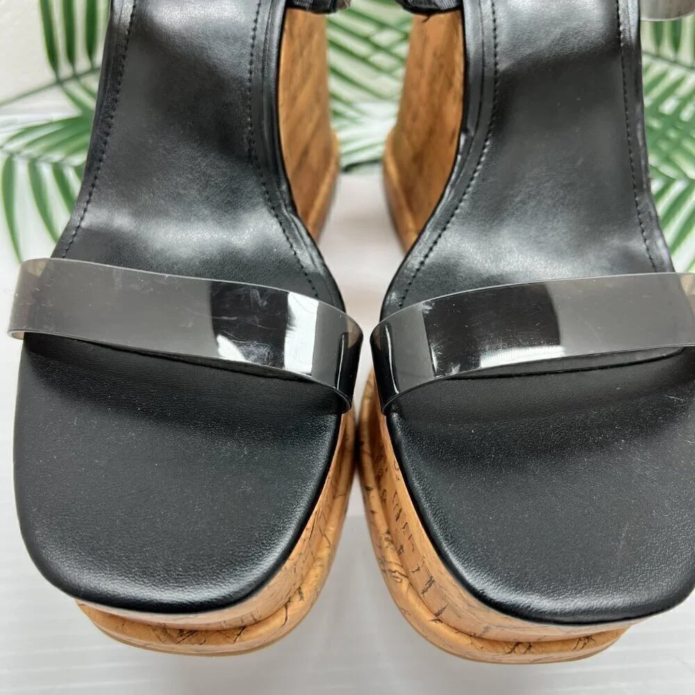 Nine West Rapps Platform Wedge Sandals Size 9.5 Black Tan Square Open Toe